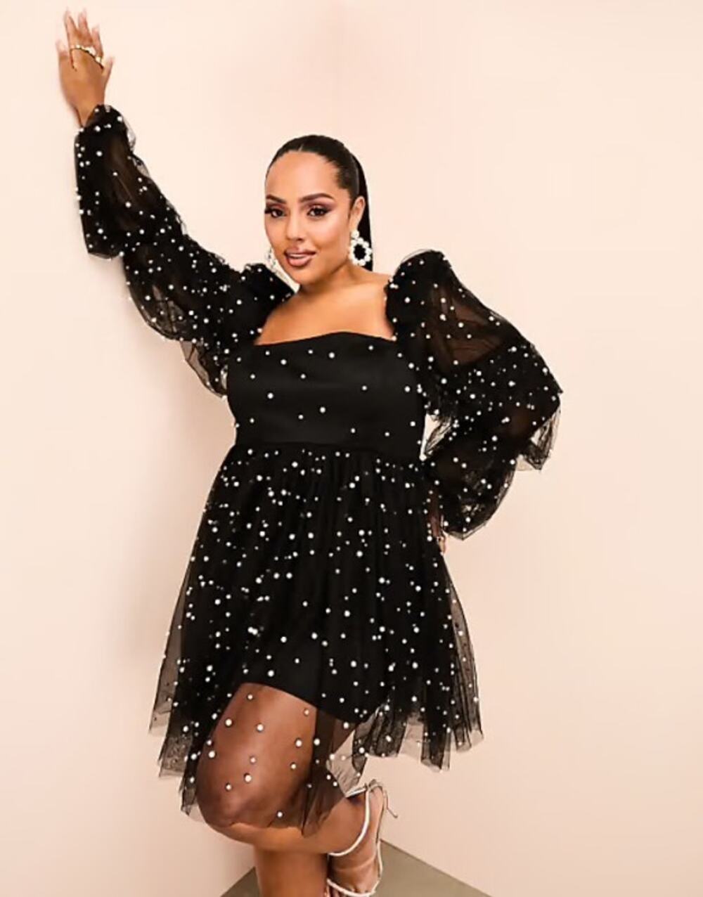 ASOS LUXE Curve Black Tulle Baby Doll Dress Pearl Embellished US 12